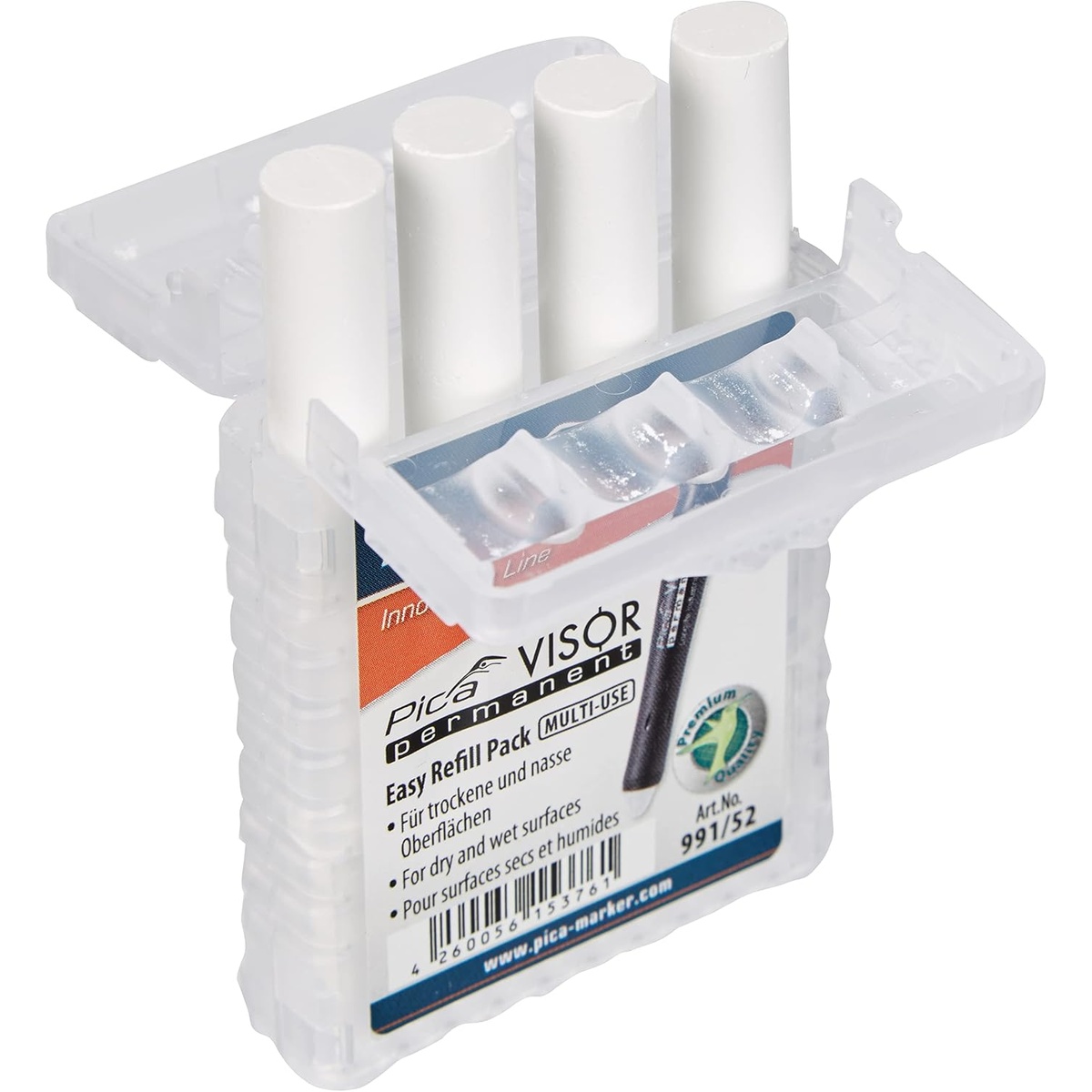 Pica 991/52 VISOR Luminescent Permanent Marker Refill white 4-pack in storage case with refills loaded for jobsite and workshop marking
