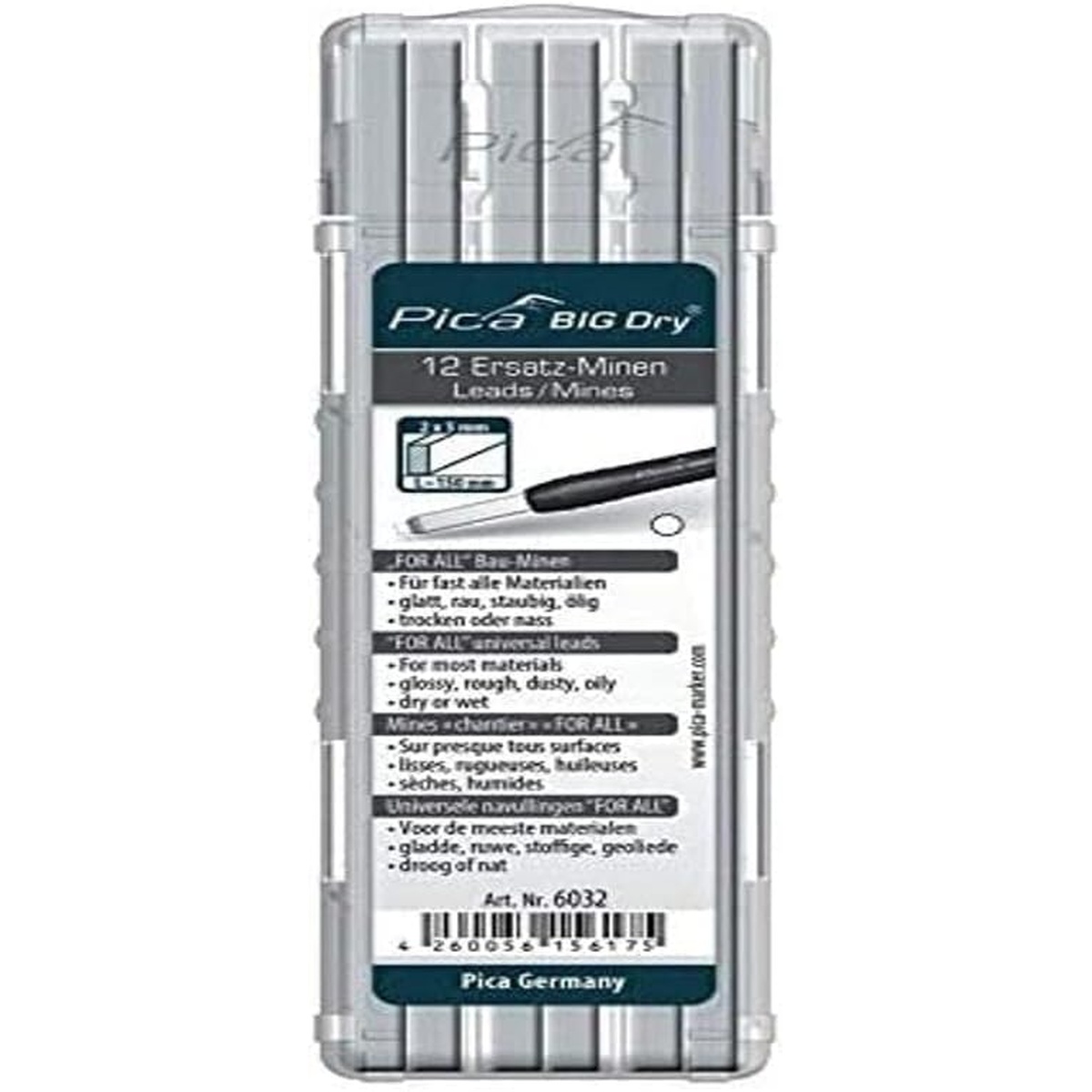 Pica 6032 BIG Dry Universal Lead Refill white 12-pack case for Pica BIG Dry marker refills used for construction marking on rough, glossy, dusty, oily, dry, and wet materials
