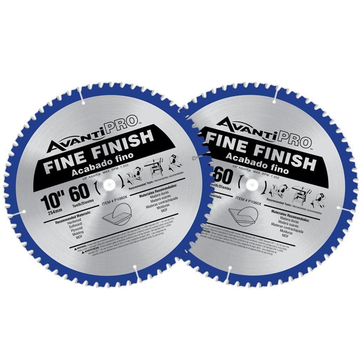 Avanti Pro 10 in. x 60-Tooth Fine Finish Circular Saw Blade Value Pack (2-Pack) blades for clean wood cutting on a table saw or miter saw in woodworking and trim applications