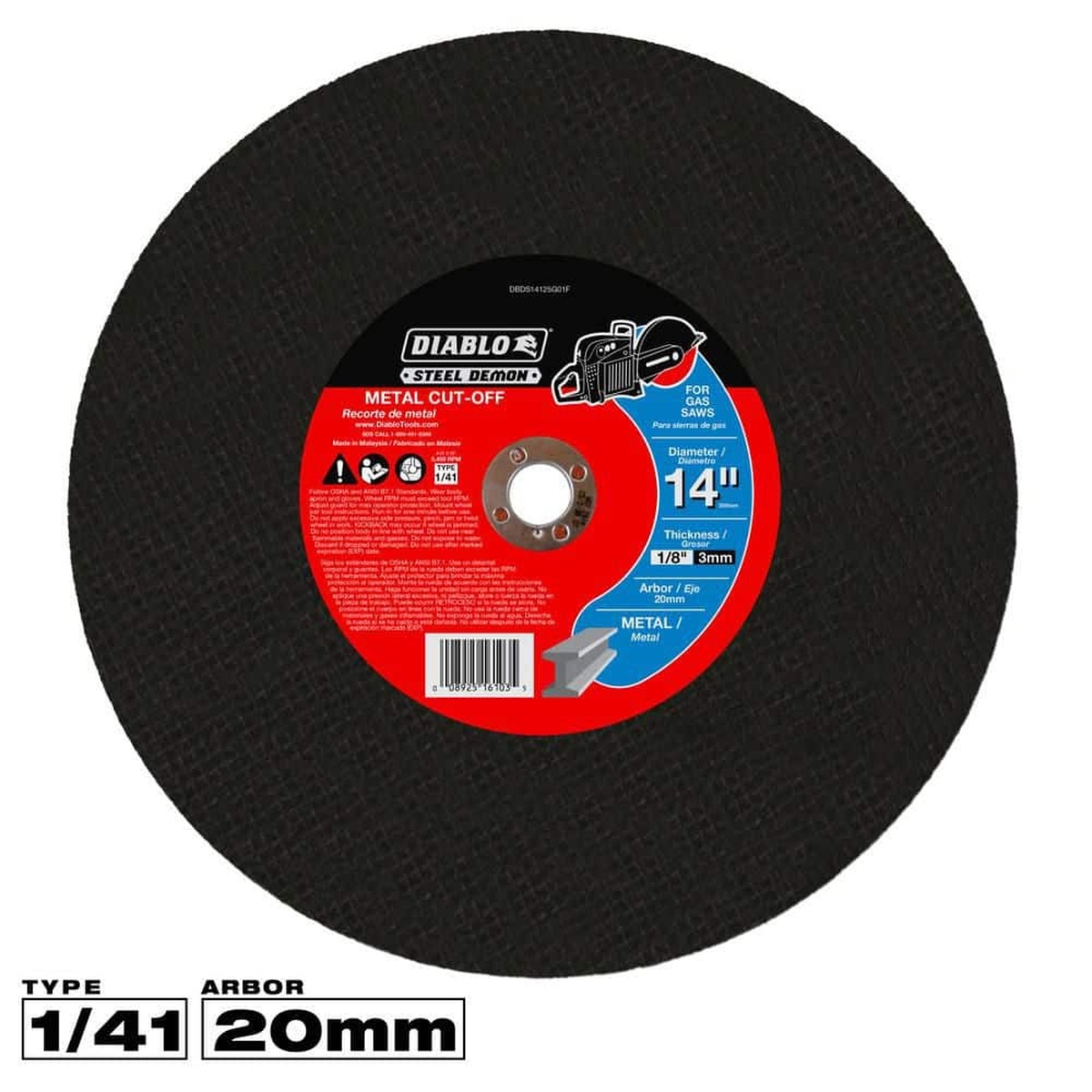 Diablo DBDS14125G01F 14 in. 20mm Steel Demon High Speed Metal Cut-Off Disc product shot for metal cutting applications with angle grinder or gas saw setup in shop or jobsite use