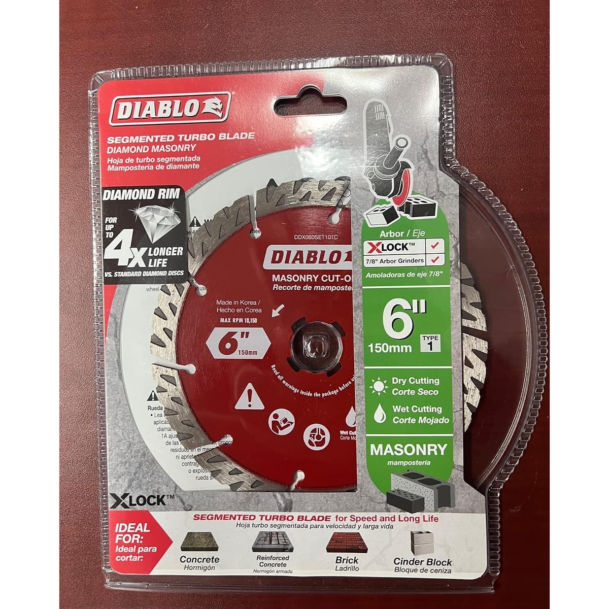 Diablo DDX060SET101C 6 inch diamond segmented turbo masonry cut-off blade in retail packaging for angle grinder use on concrete, brick, reinforced concrete, and cinder block