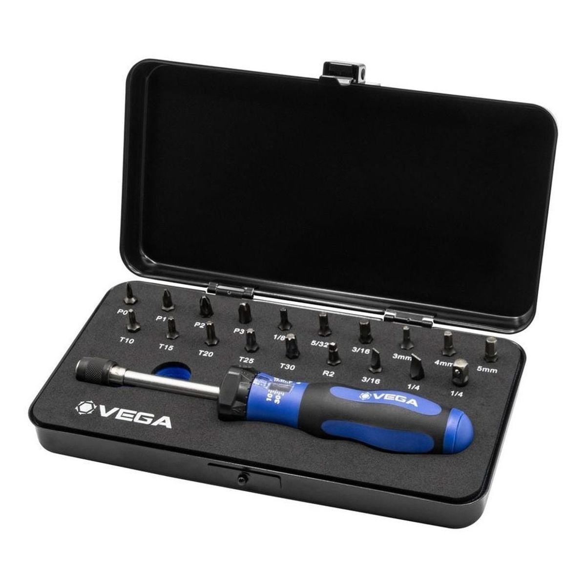 Vega TLS-20 20-Piece Torque Limiting Screwdriver Set in storage case with precision bits for maintenance, adjustment, and controlled fastening work