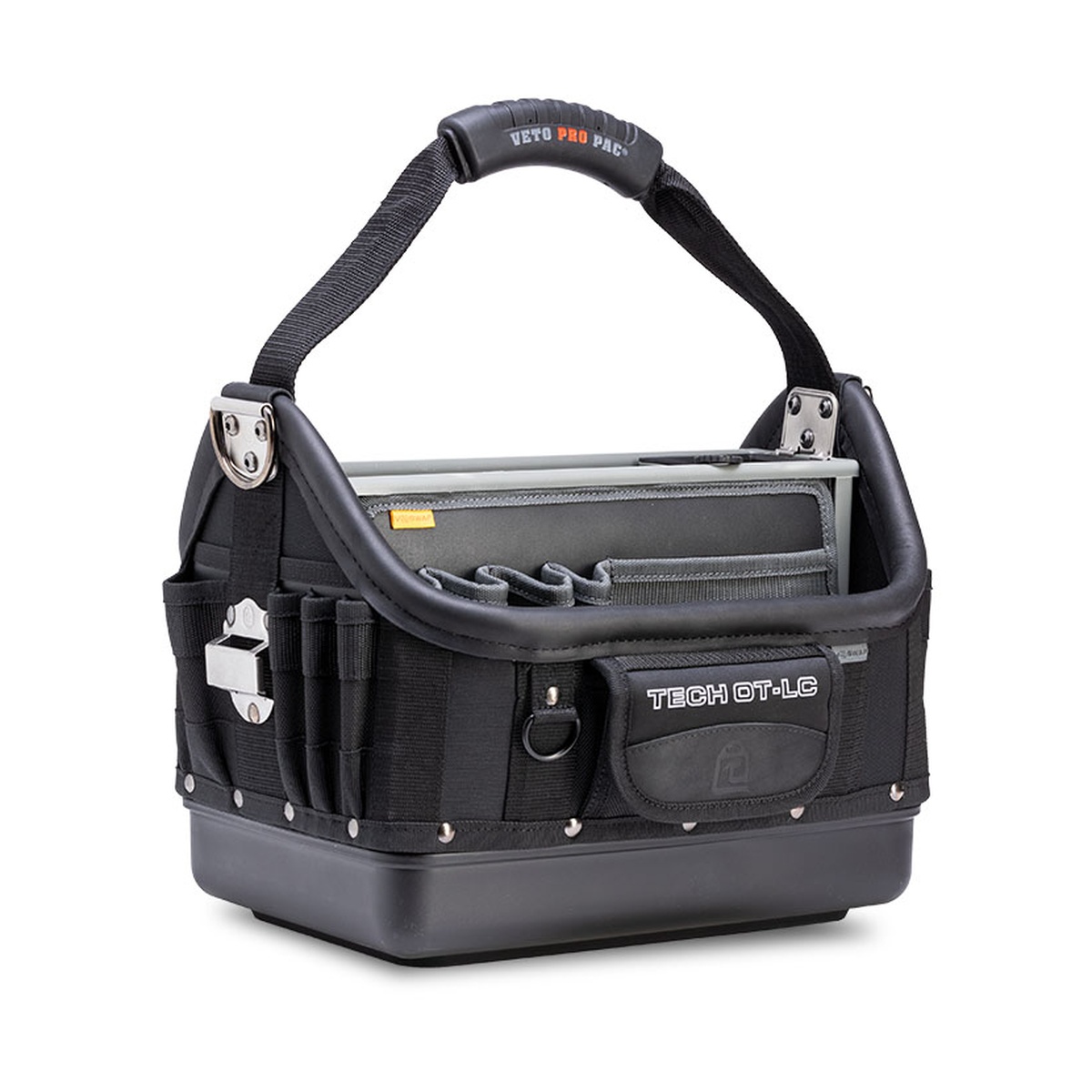 Veto Pro Pac TECH OT-LC BLACKOUT Large Open Top Technician's Tool Bag with padded handle, rigid frame, and waterproof polypropylene base for daily transport on commercial jobsites