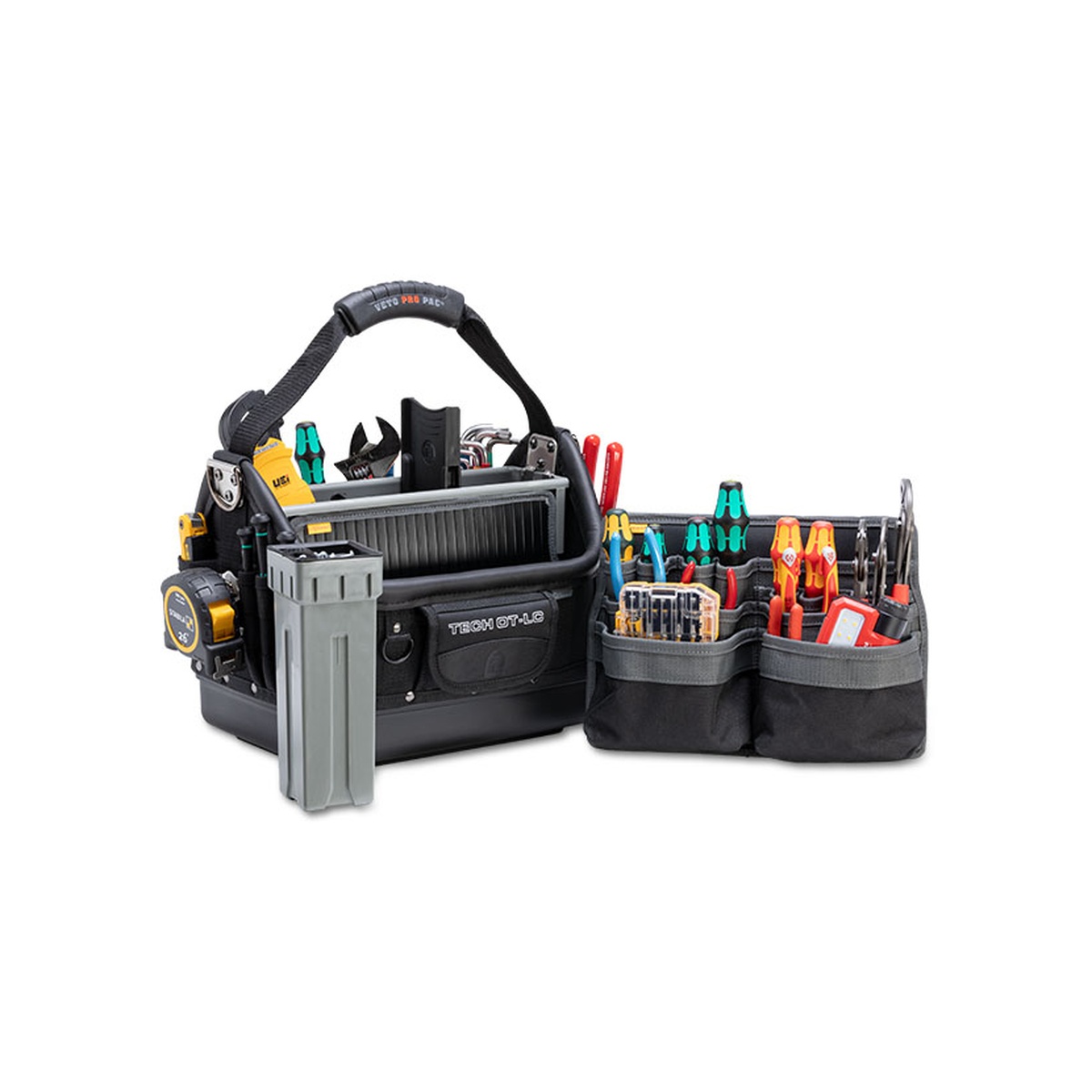 Veto Pro Pac TECH OT-LC BLACKOUT Large Open Top Technician's Tool Bag loaded with technician hand tools, tape measure, removable insert box, and swappable pocket panel for field service work