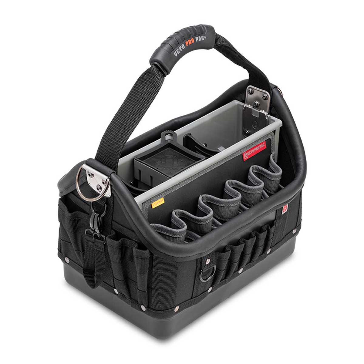 Veto Pro Pac TECH OT-LC BLACKOUT Large Open Top Technician's Tool Bag showing open center box, magnetic lid insert box, and interior dividers for service tools and small parts storage