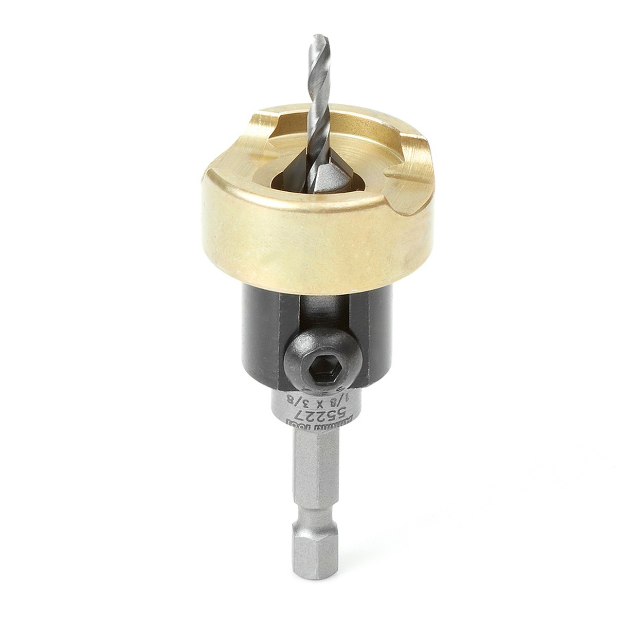 Amana Tools 55227 Carbide Tipped 82 Degree Countersink with Adjustable Depth Stop and No-Thrust Ball Bearing showing the 1/8 inch pilot drill and 3/8 inch countersink head for wood screw preparation