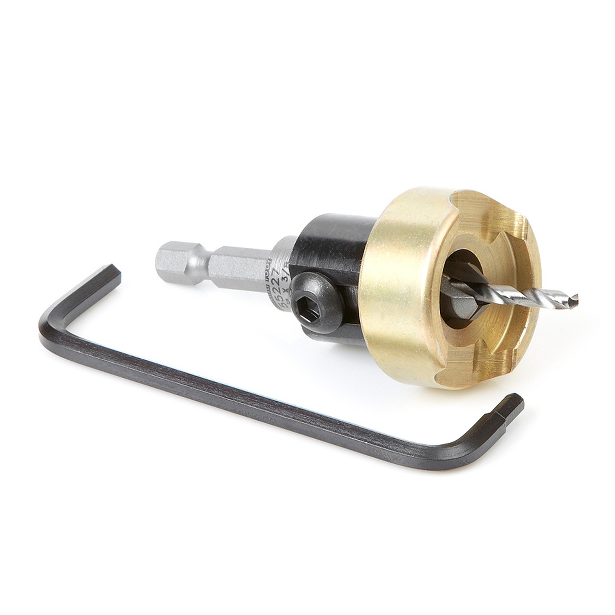 Amana Tools 55227 Carbide Tipped 82 Degree Countersink with Adjustable Depth Stop and No-Thrust Ball Bearing with adjustment hex key for drill length changes and maintenance at the workbench