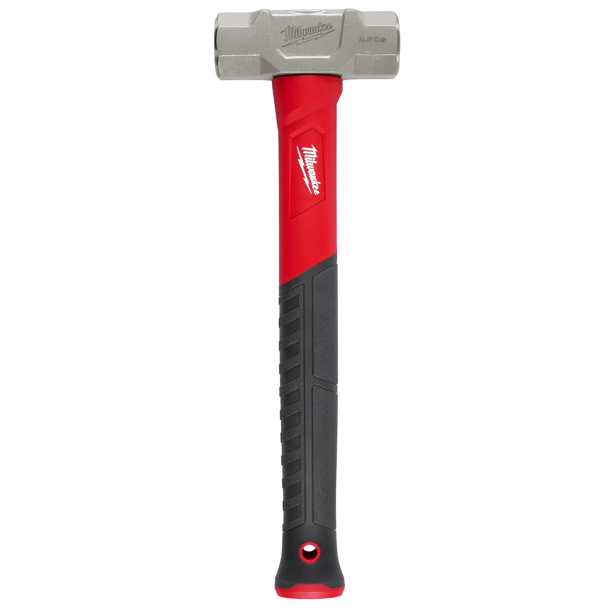 Milwaukee 48-22-9312 2.5lb Fiberglass Engineer Hammer full product view showing forged steel head, fiberglass handle, overmold grip, and tether-ready lanyard hole