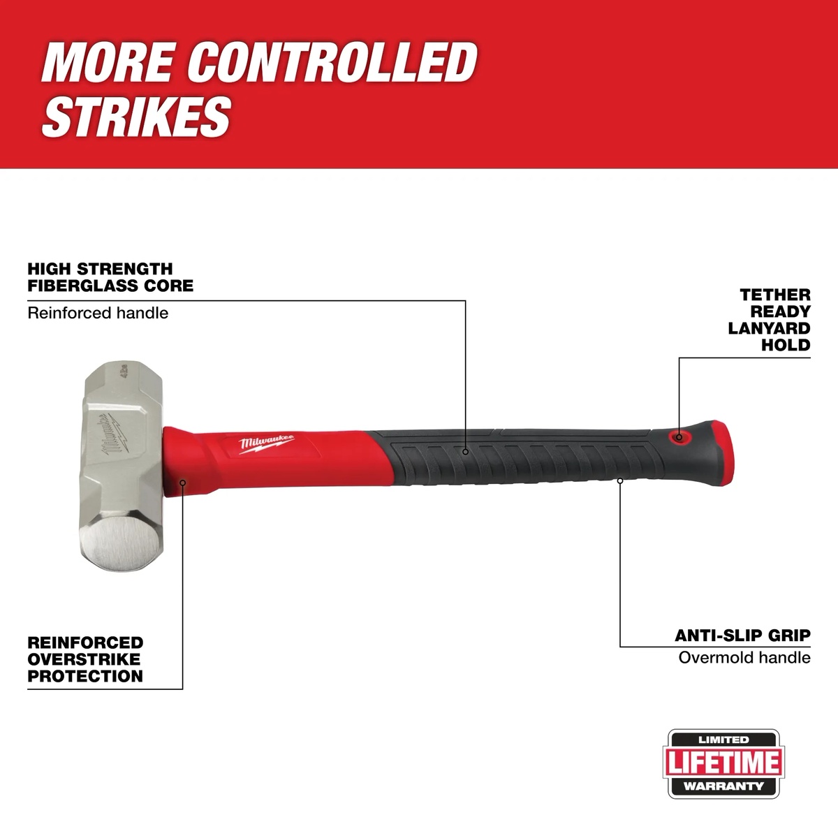 Milwaukee 48-22-9314 4 lb Fiberglass Engineer Hammer showing forged steel head, fiberglass core handle, anti-slip grip, and tether-ready lanyard hole for jobsite striking work