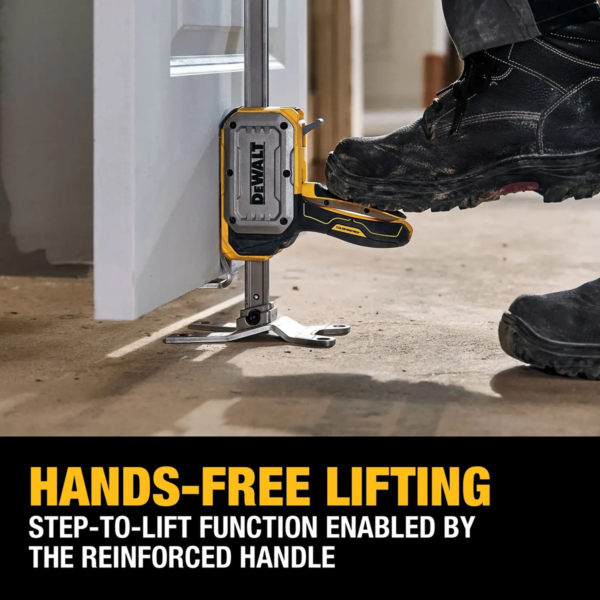 DEWALT DWHT83550 TOUGHSERIES Construction Jack lifting a door during interior installation on a jobsite with hands-free step-to-lift operation