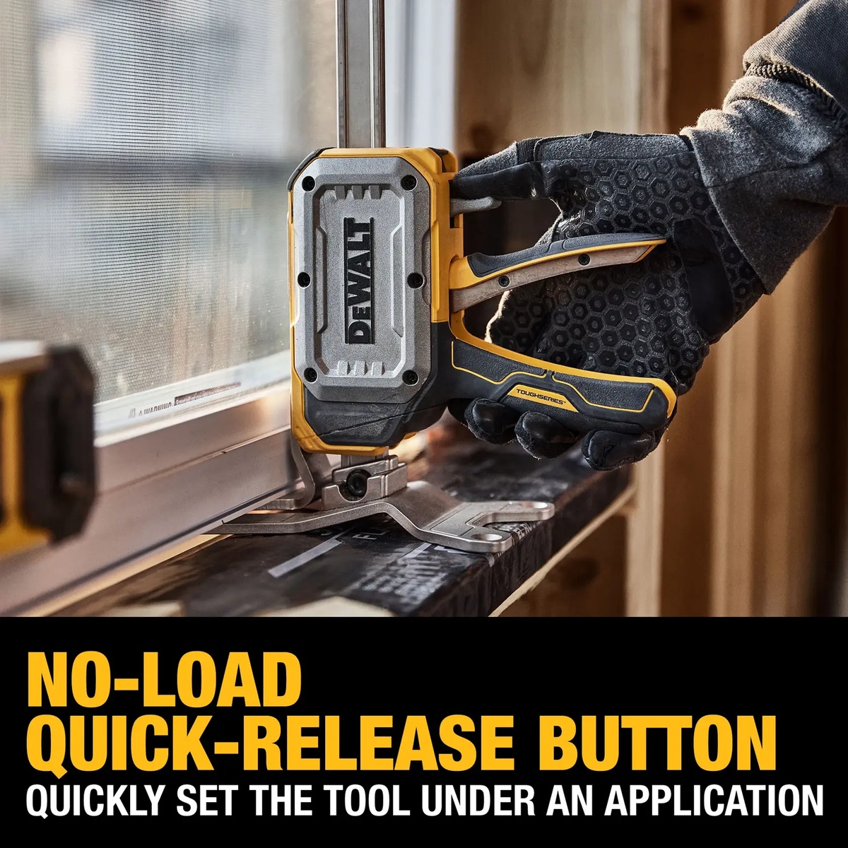 DEWALT DWHT83550 TOUGHSERIES Construction Jack positioned under a window frame during leveling work, showing quick-release access and compact base