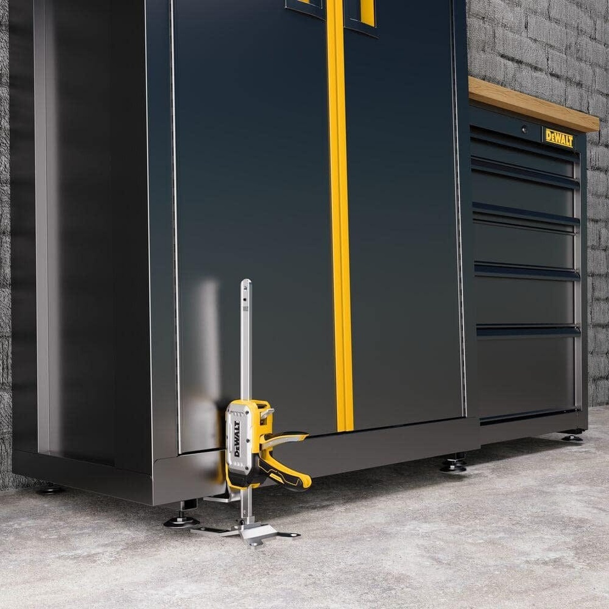 DEWALT DWHT83550 ToughSeries Construction Jack 8-3/4-in. Lift Height, 340 lb. Capacity, 2-Pack supporting a storage cabinet for leveling on a shop floor