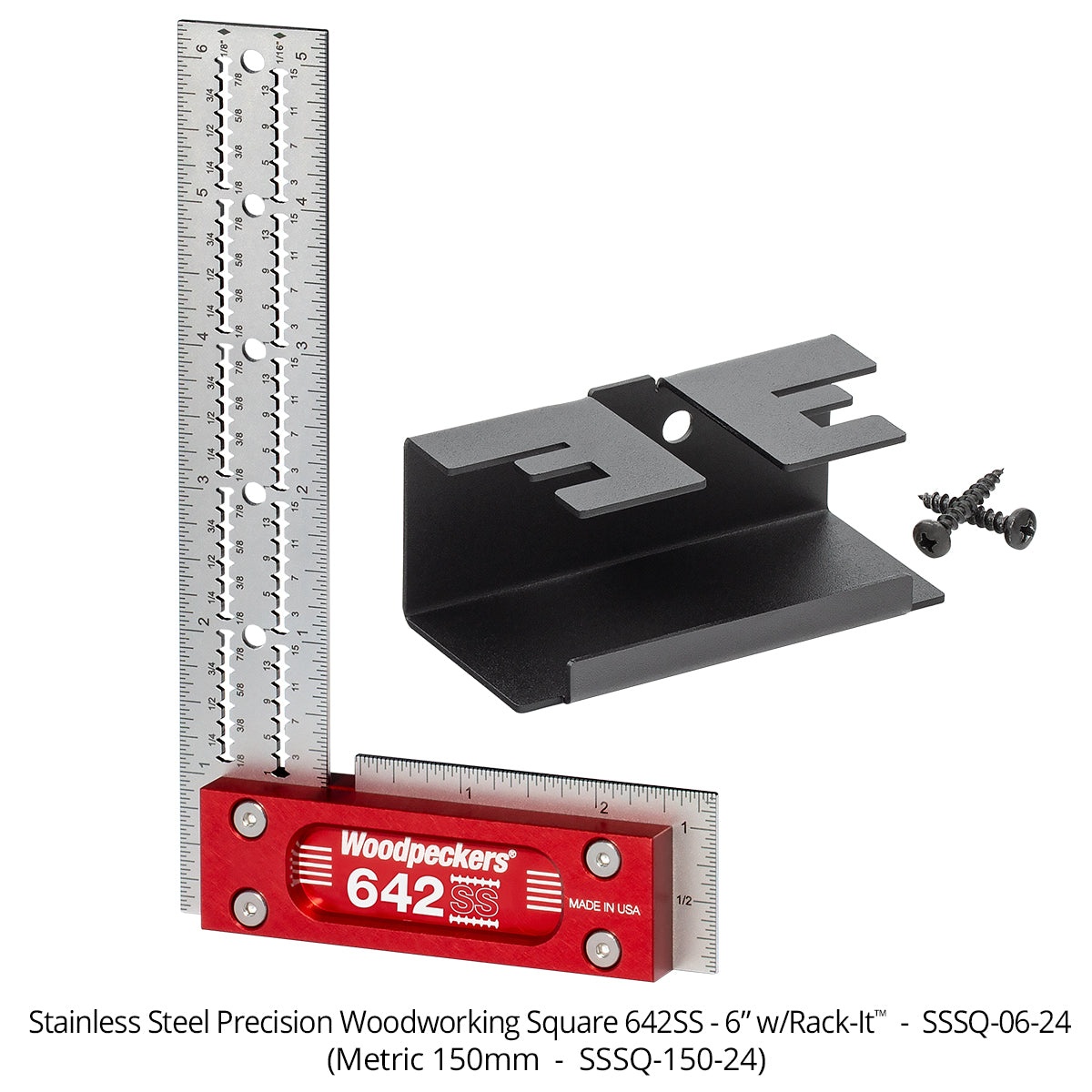 Woodpeckers SSSQ-06-24 Stainless Steel Square, 6 in. w/ Rack-It standing on a workbench-ready product setup with wall mount holder for woodworking layout and assembly checks