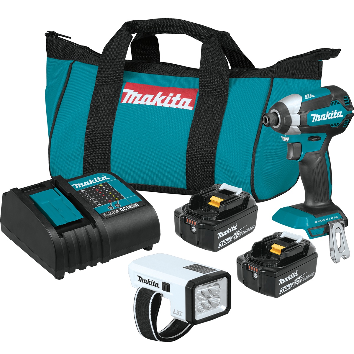 Makita XDT131X2 impact driver kit with flashlight, charger, batteries, and tool bag for transport between jobs and daily fastening tasks