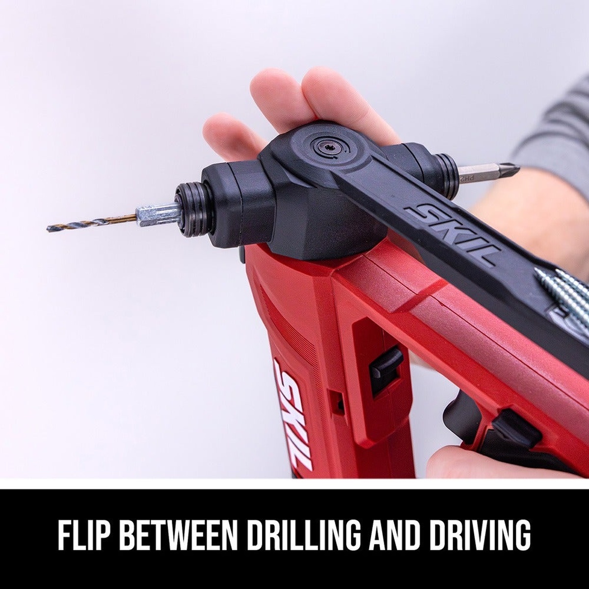 SKIL DL6300D-12 12V/20V Brushless Flip Drill with drill bit and driver bit loaded in the double collet head for drilling and fastening during home installation work