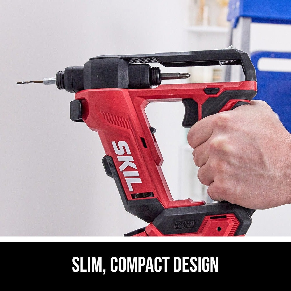 SKIL DL6300D-12 12V/20V Brushless Flip Drill used one-handed in a tight interior work area for compact drilling and screwdriving access