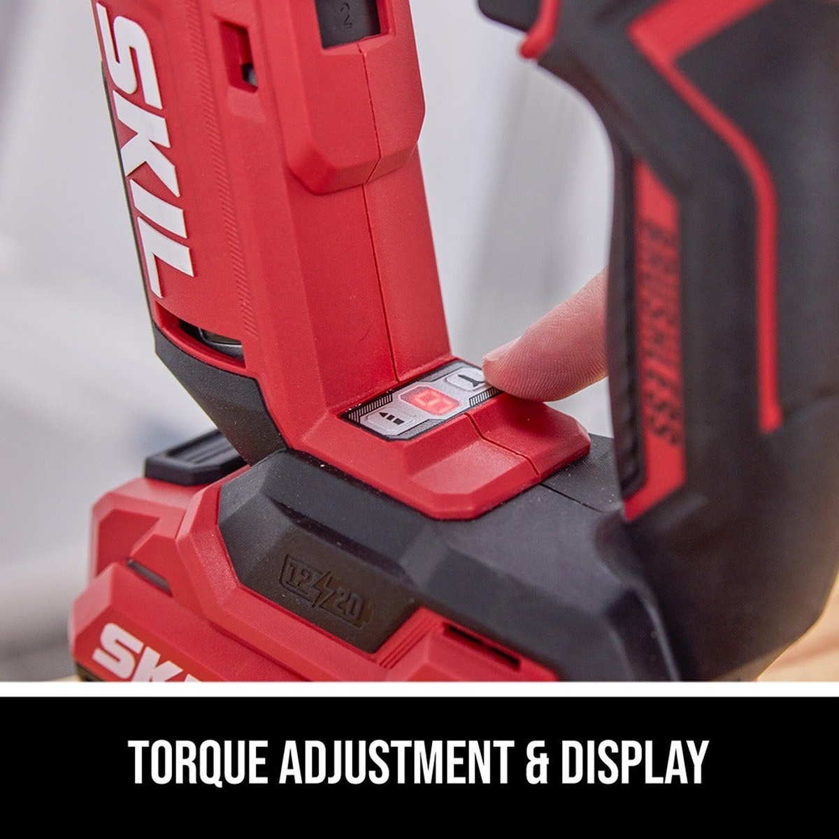 SKIL DL6300D-12 12V/20V Brushless Flip Drill torque adjustment display being set for controlled screwdriving on finish and hardware installation tasks