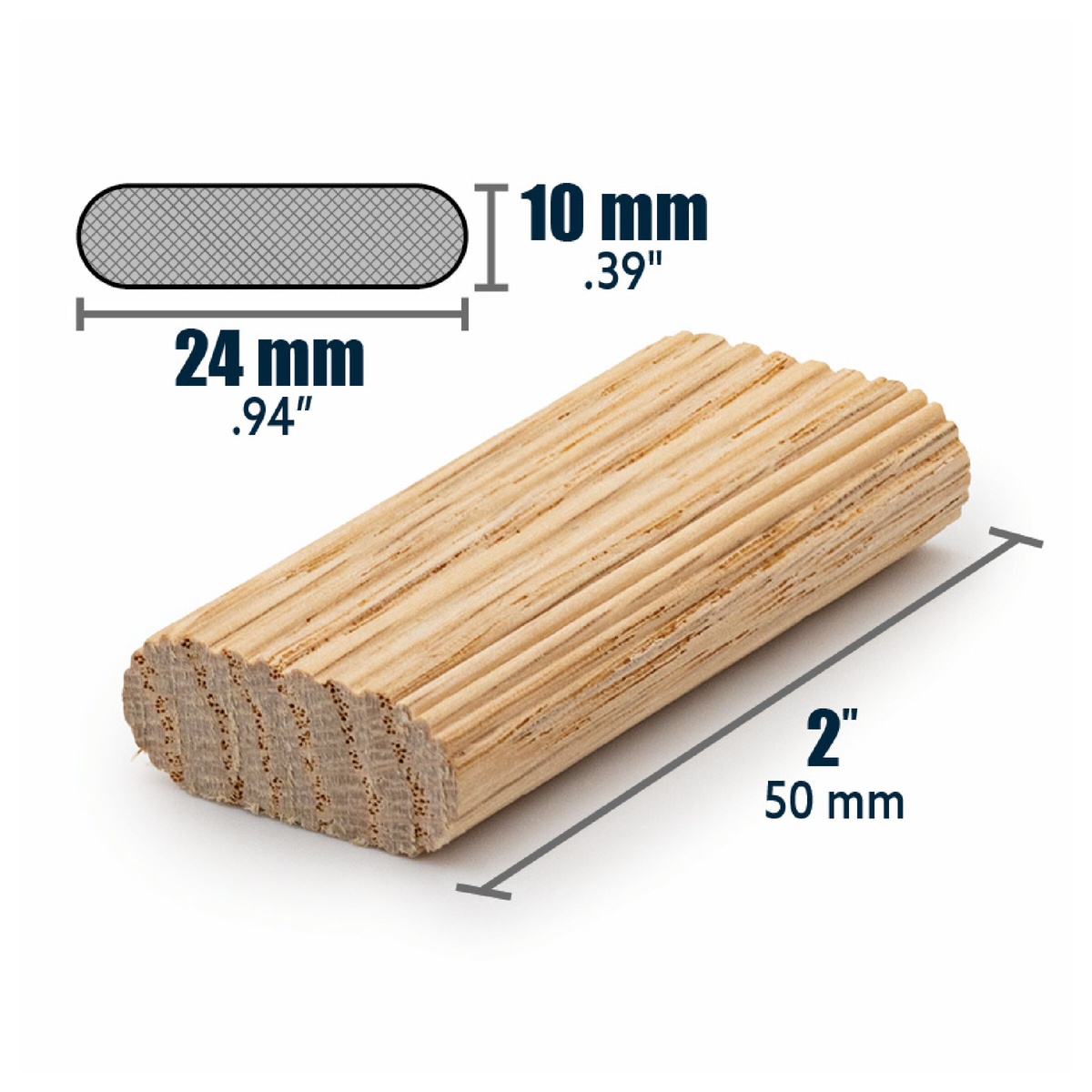 Kreg Tool KT1024-200-25 MortiseMate 10mm Loose Tenons dimensional product view showing hardwood tenon size for woodworking joinery and 10 mm mortise applications