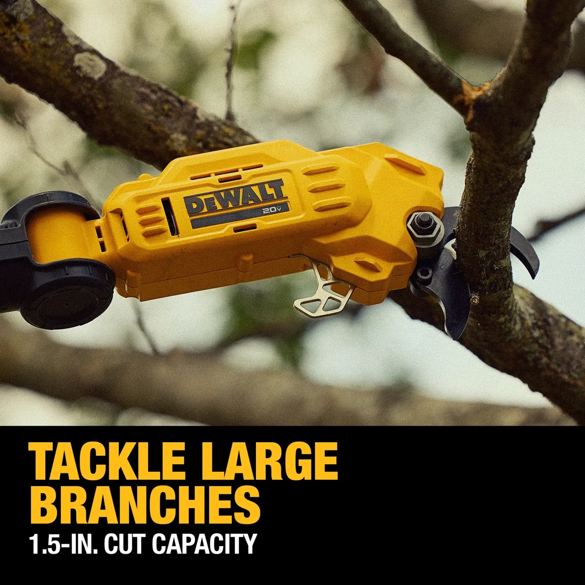 DeWALT DCPPR320B 20V MAX 1-1/2 in. Cordless Pole Pruner making a close pruning cut on a tree branch during trimming work