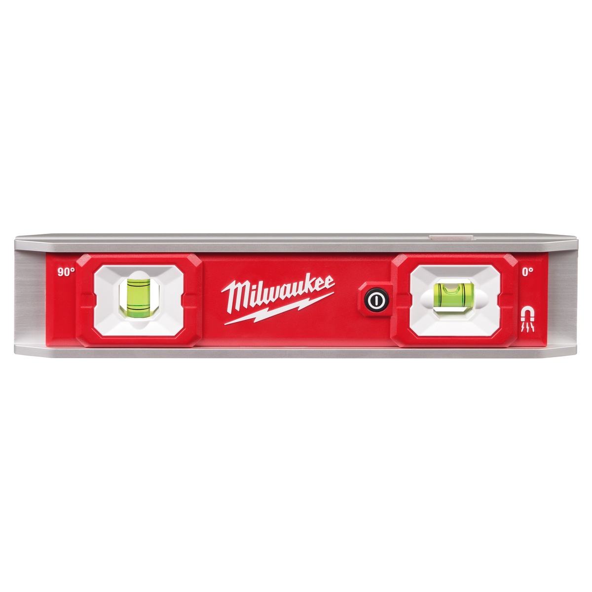 Milwaukee 48-22-5105 9 inch torpedo level front view showing magnetic frame and lighted vials for conduit and metal alignment work