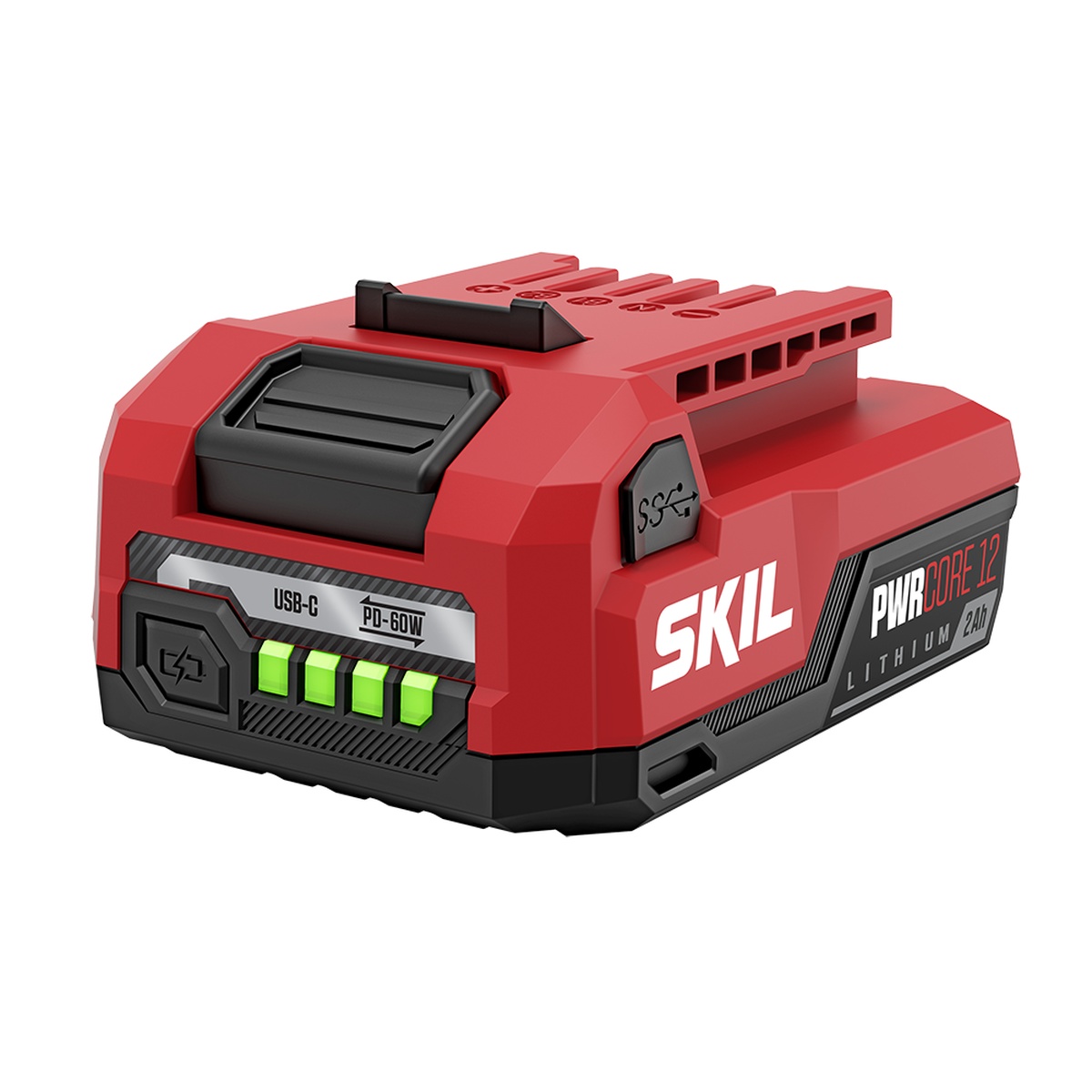 SKIL PWRCORE 12 2.0Ah 12V Lithium USB-C Battery showing the compact battery pack with integrated USB-C PD port and fuel gauge for cordless tool use on the jobsite