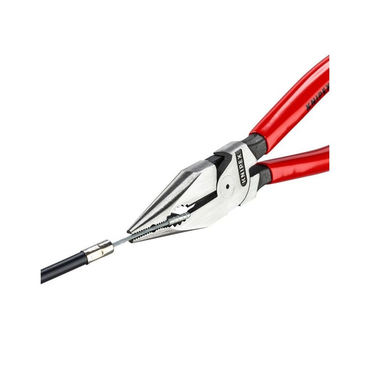 Knipex 08 21 185 SBA 7 1/4 in. Needle-Nose Combination Pliers gripping a cable end in a tight service task