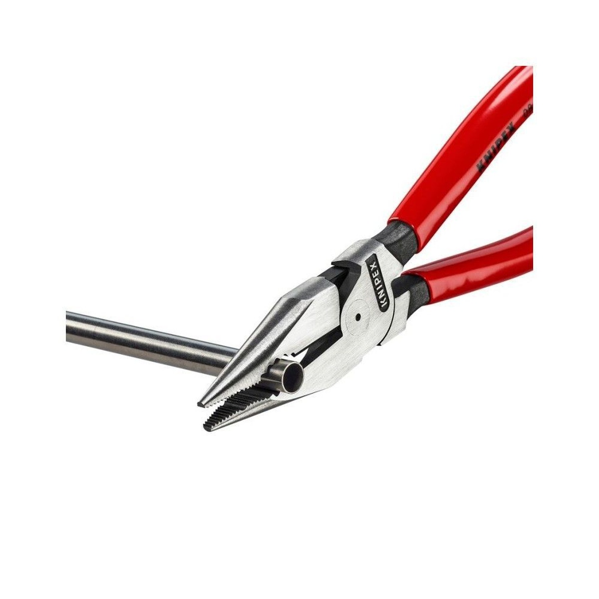 Knipex 08 21 185 SBA 7 1/4 in. Needle-Nose Combination Pliers gripping round metal tubing during shop work