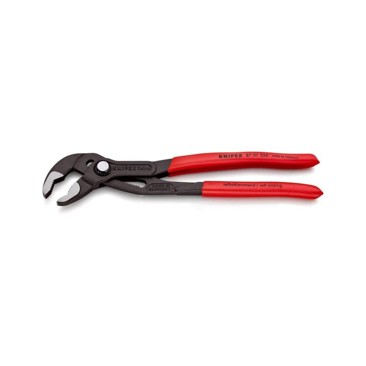 Knipex 87 01 250 SBA 10 in. Cobra Water Pump Pliers opened for quick push-button adjustment on repair and installation work
