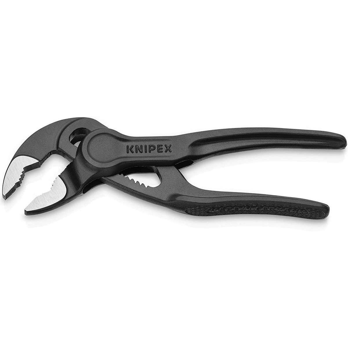 Knipex 87 00 100 SBA 4 in. Cobra XS Water Pump Pliers open jaw detail showing compact adjustment range for nuts and fittings