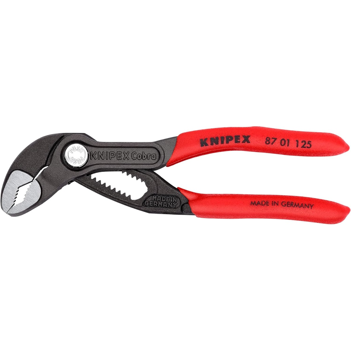 Knipex 87 01 125 SBA 5 in. Cobra Water Pump Pliers side profile showing compact forged body, red handles, and box-joint design for shop and service work