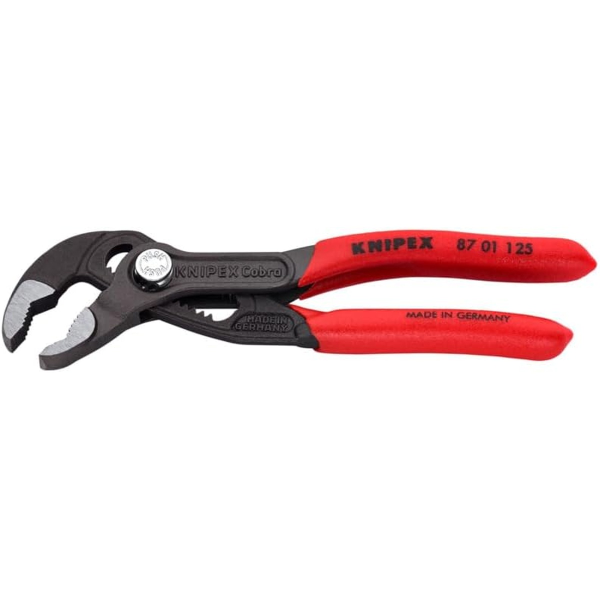 Knipex 87 01 125 SBA 5 in. Cobra Water Pump Pliers with jaws opened to show adjustment range for gripping nuts, tubing, and small pipe during repair work