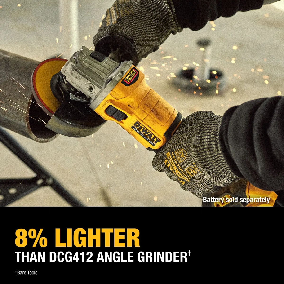 DEWALT DCG407B angle grinder cutting metal pipe on a jobsite with a cutoff wheel and gloved hands