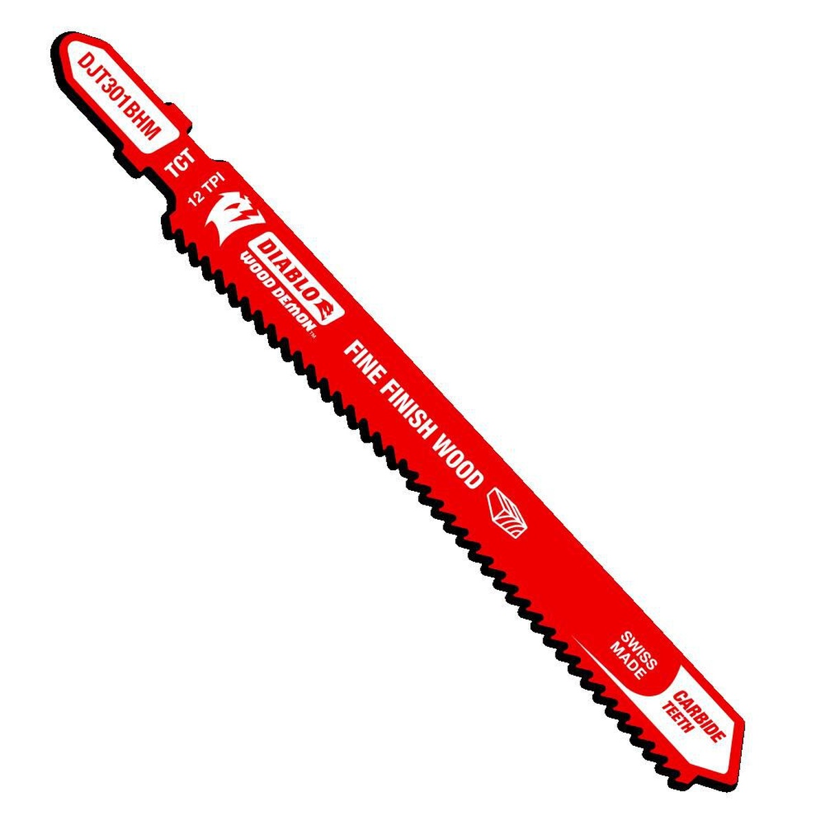 Diablo DJT301BHM 4-5/8 in. 12 TPI Wood Demon Carbide Teeth Jig Saw Blade for Fine Finish Wood shown as a T-shank wood cutting blade for finish carpentry, cabinet panels, plywood, MDF, and melamine work