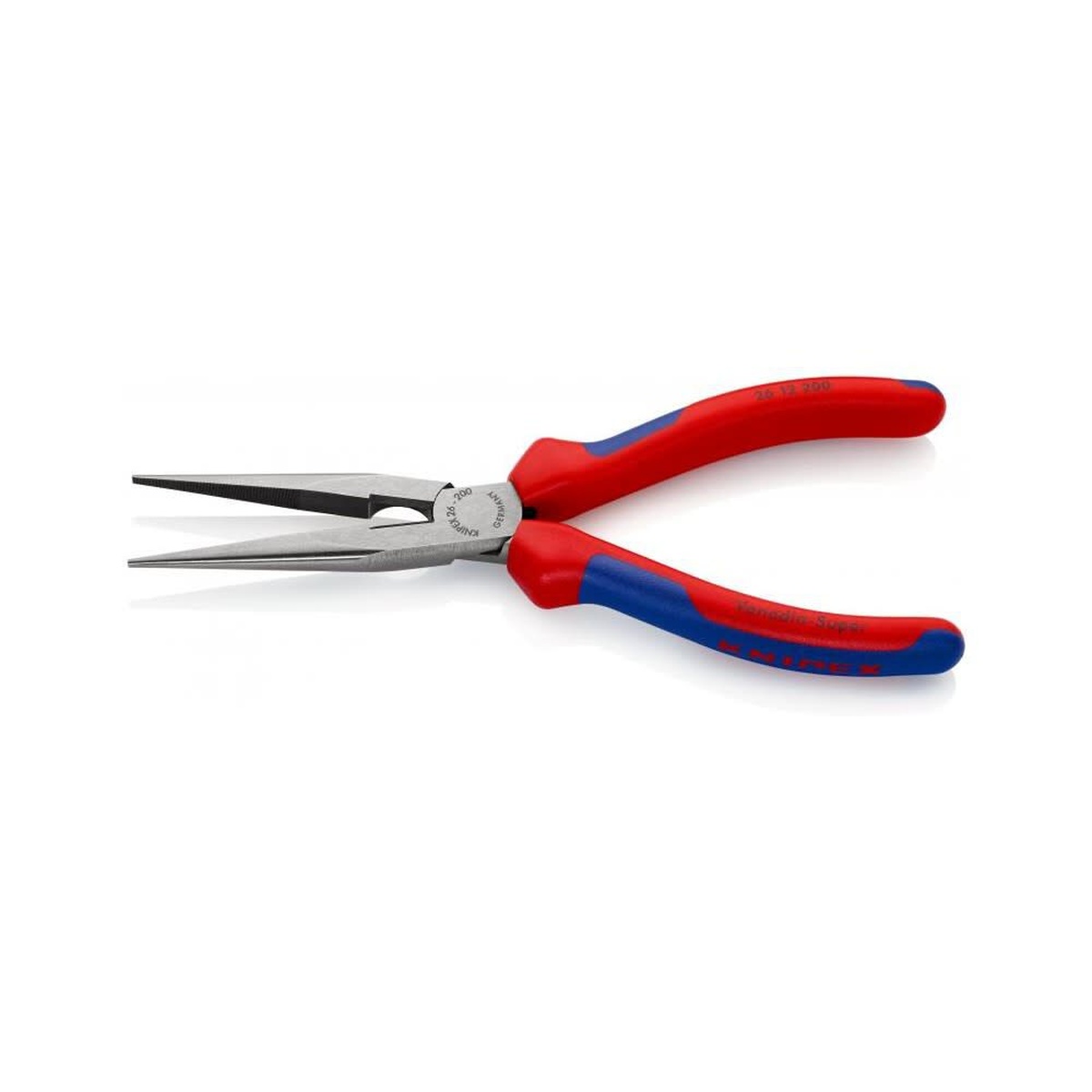Knipex 26 12 200 Long Nose Pliers with Cutter open on a bench showing long tapered jaws and comfort grip handles for shop and jobsite work