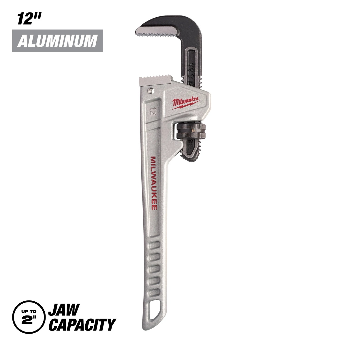 Milwaukee 48-22-7212 12 in. Aluminum Pipe Wrench shown as a compact adjustable plumbing hand tool for service work and daily carry