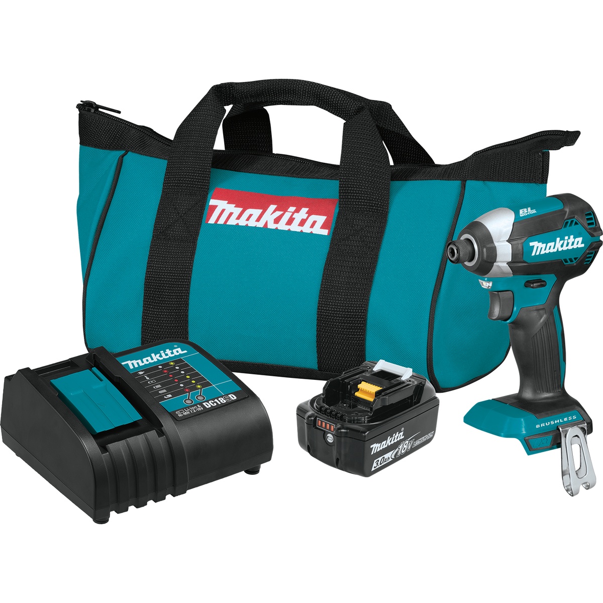 Makita XDT131 18V LXT Lithium-Ion Brushless Cordless Impact Driver Kit with 3.0Ah battery, charger, and tool bag for daily jobsite fastening work