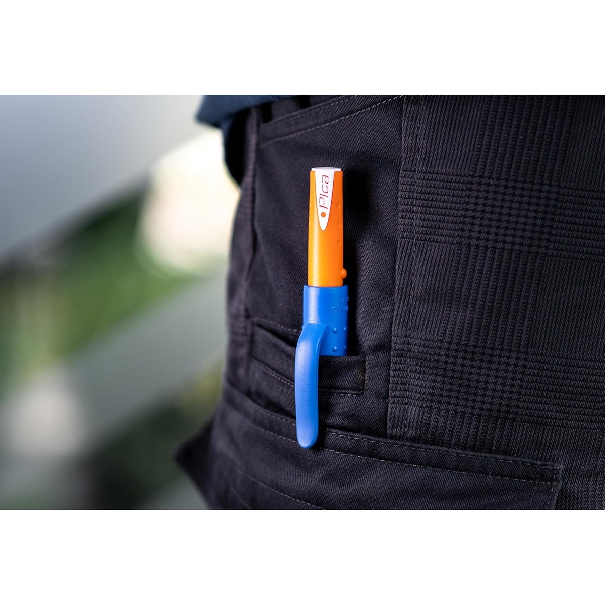 Pica 8082/SB Gel Signal Marker Red 3 Pack clipped into a work pocket with quiver cap for quick access on the job