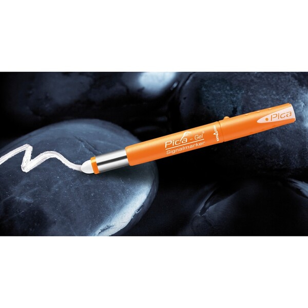 Pica Gel Signalmarker Black 8083/SB making a bold line on a dark stone surface for layout work