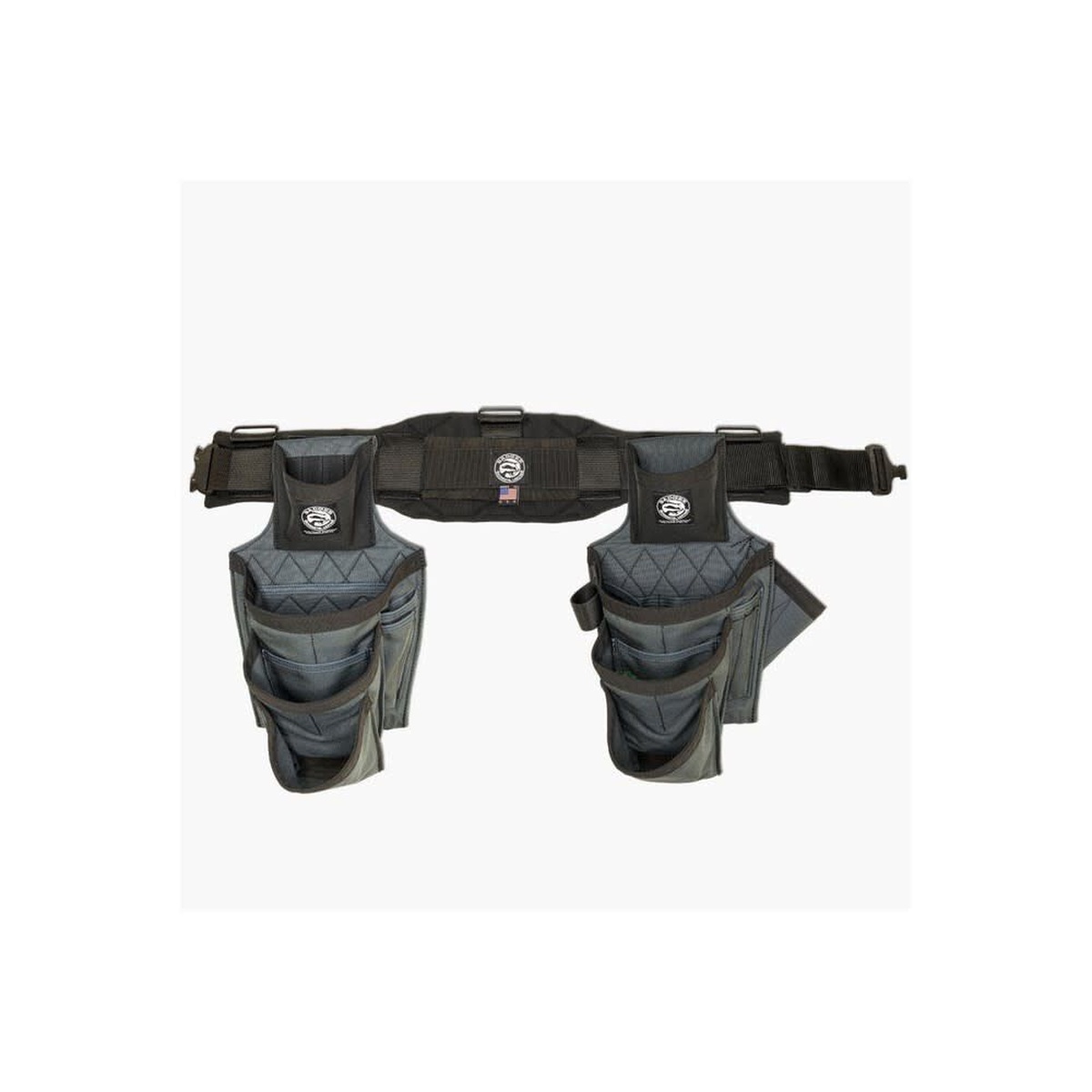 Badger Tool Belt 463110 LG Framer Set tool belt laid out with dual pouches for framing fasteners and hand tools on a jobsite carpentry setup