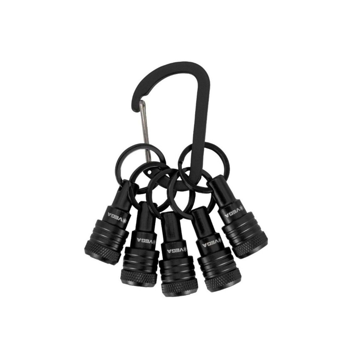 Vega 5QKCHB Carabiner Keychain Bit Holder, Black with five attached bit holders for carrying fastening bits on a jobsite or in a tool bag