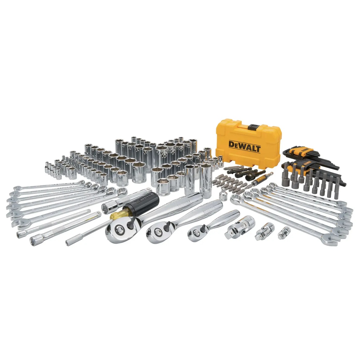 DEWALT DWMT73803 Mechanics Tools Set laid out with sockets, ratchets, wrenches, bits, and hex keys for garage and service work