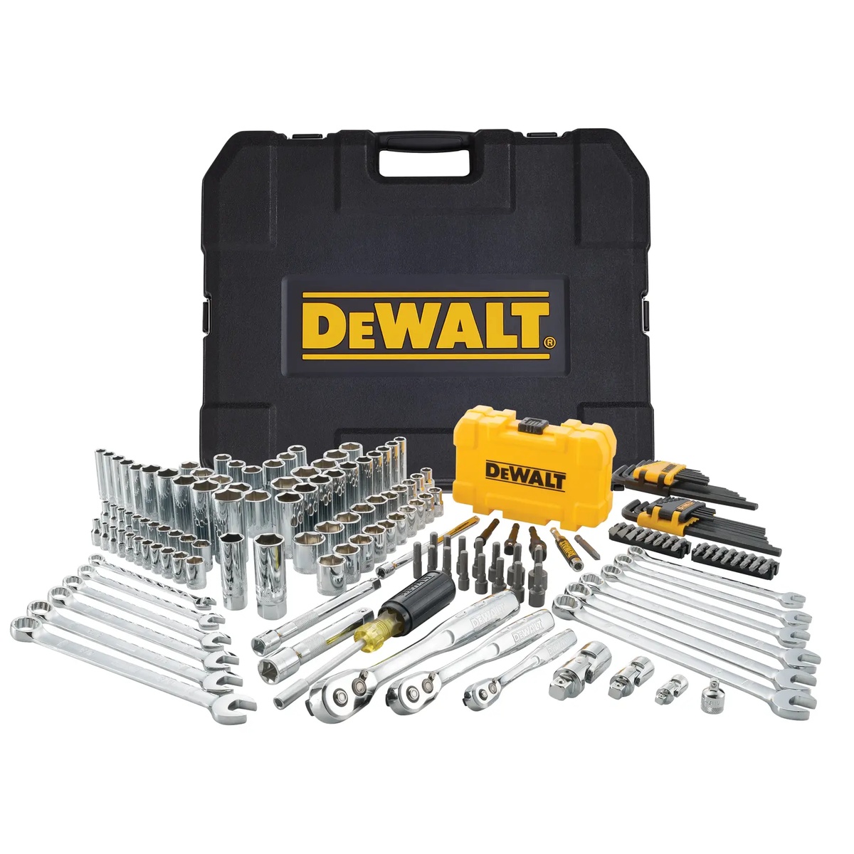 DEWALT DWMT73803 Mechanics Tools Set with hard case, ratchets, sockets, and wrenches ready for automotive and maintenance fastening tasks