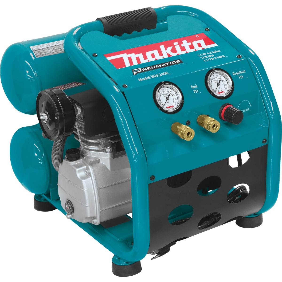 Makita MAC2400 2.5 HP Big Bore Air Compressor portable twin-stack compressor for pneumatic fastening and nailing on a jobsite