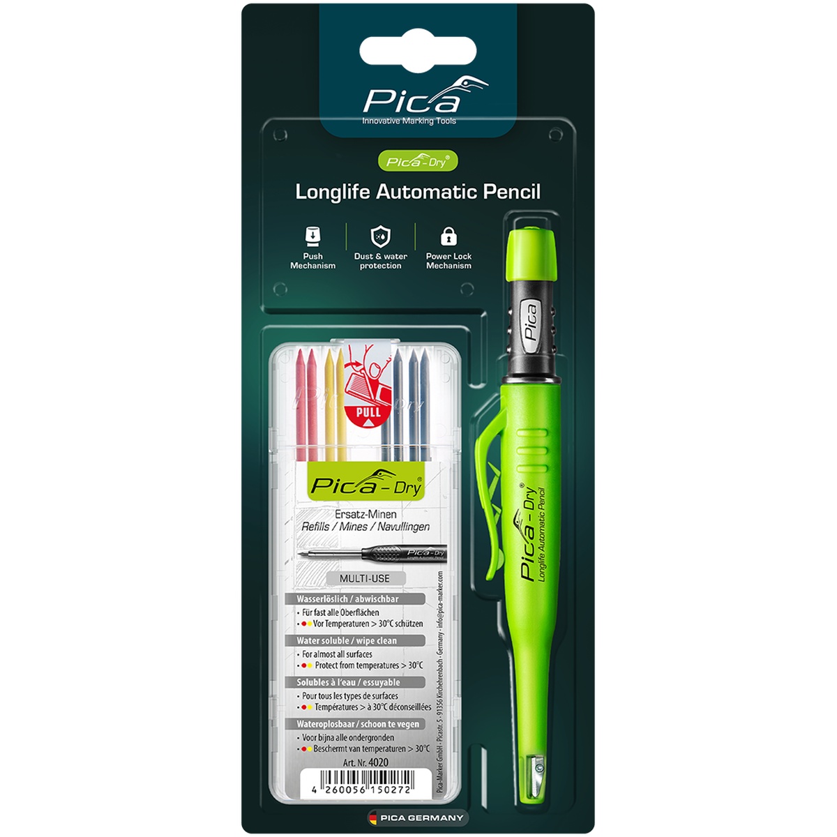 Pica Dry Longlife Automatic Pencil Bundle 30402 construction marker with refill mines for multi-surface jobsite marking in carpentry and general construction
