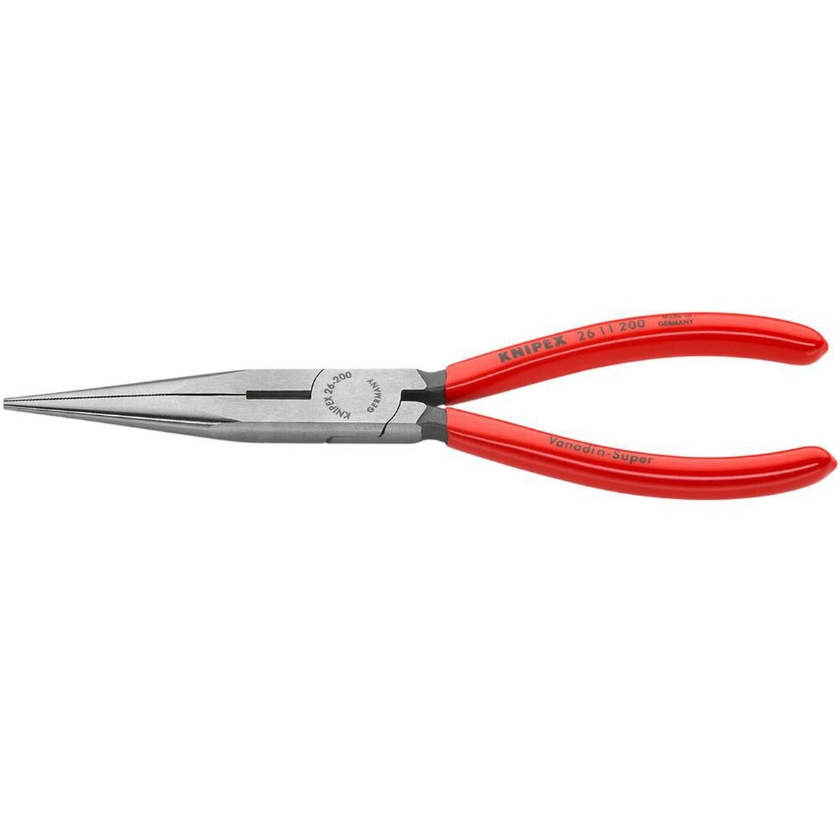 Knipex 26 11 200 SBA Long Nose Pliers with Cutter full tool view with plastic coated handles for shop and service work