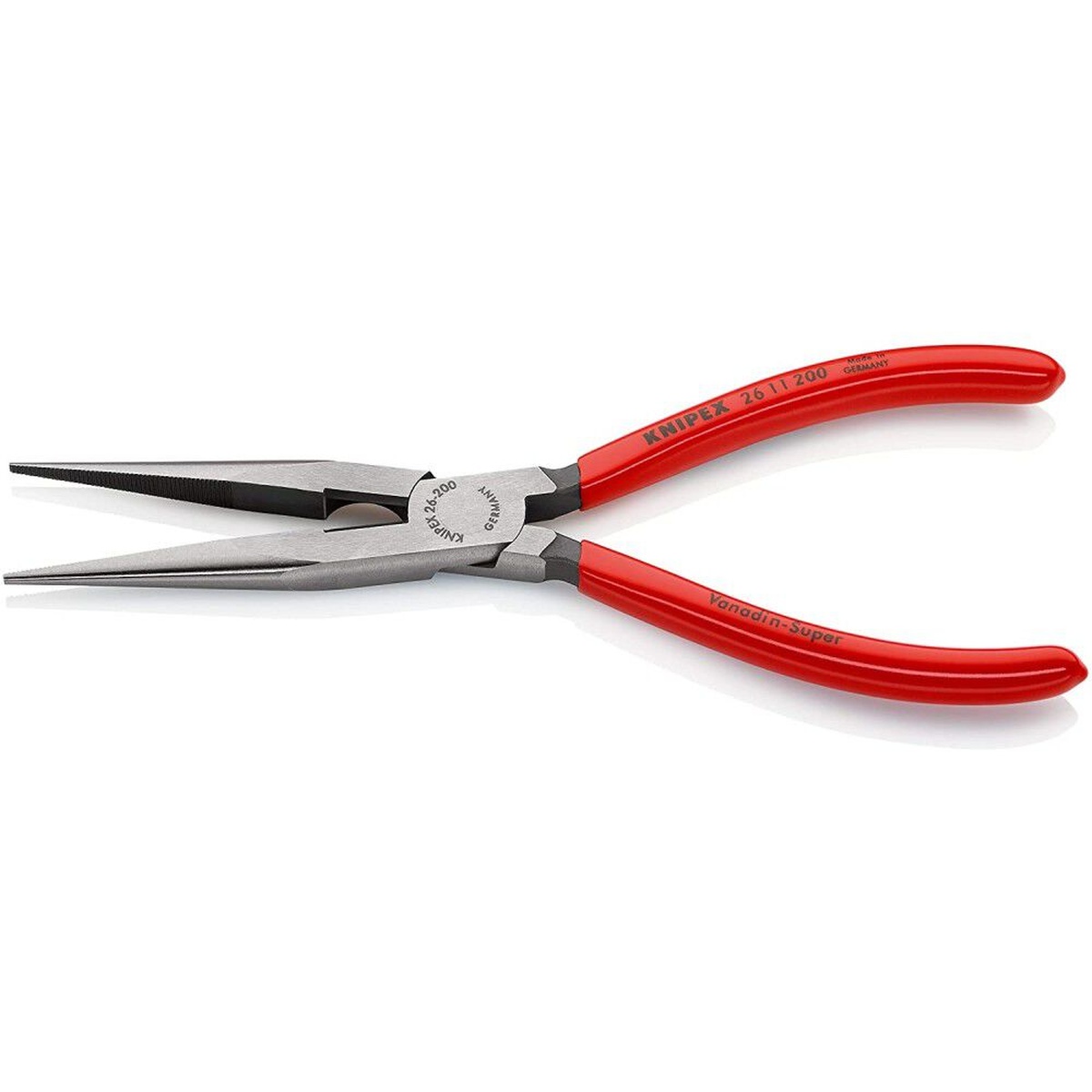 Knipex 26 11 200 SBA Long Nose Pliers with Cutter open to show long tapered jaws and integrated side cutter