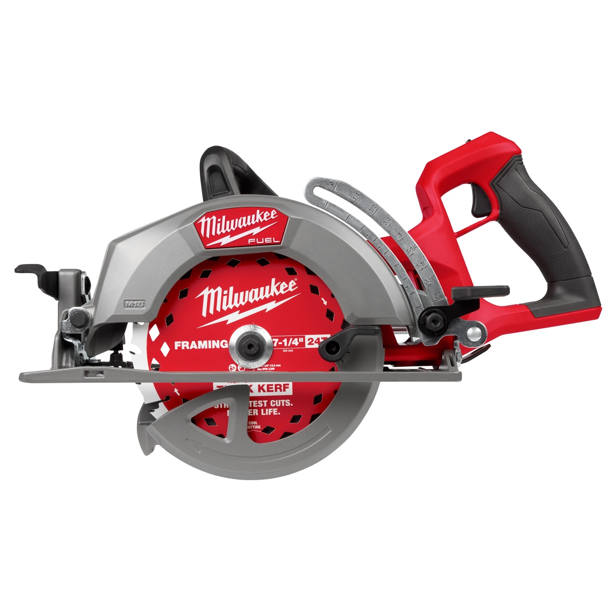 Milwaukee 2930-20 M18 FUEL 7-1/4 in. Rear Handle Circular Saw set up for wood cutting on a framing jobsite