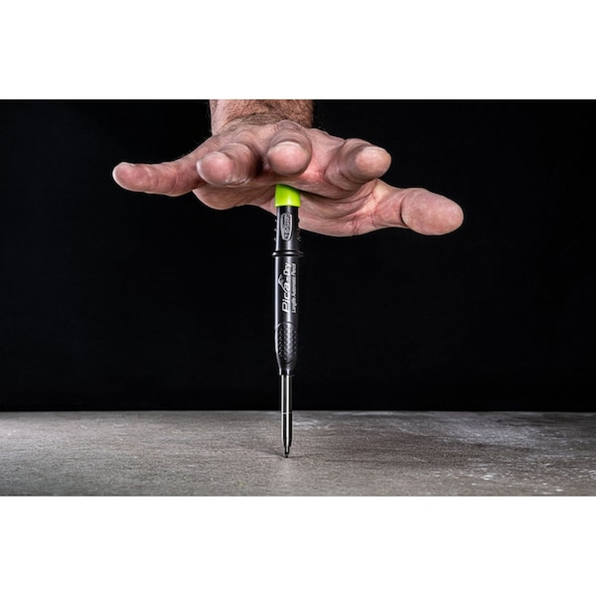 Pica Dry 3030/SB Longlife Automatic Pencil standing upright on a work surface to show durable jobsite design