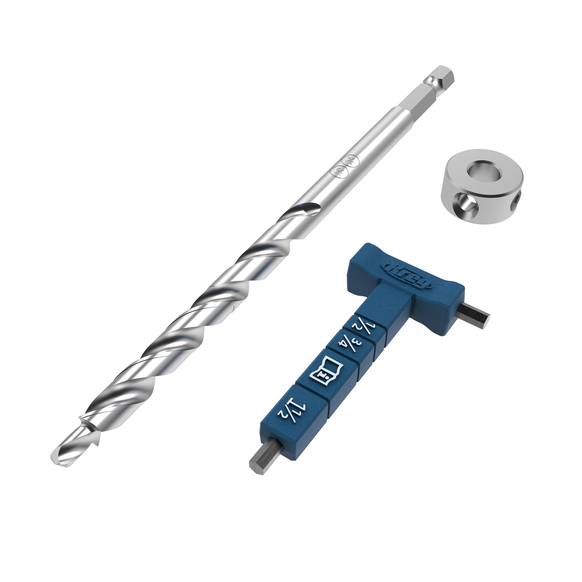 Kreg KPHA540 Micro-Pocket Drill Bit with Stop Collar and Hex Wrench shown with stepped drill bit, stop collar, and setup gauge for repeatable pocket-hole drilling