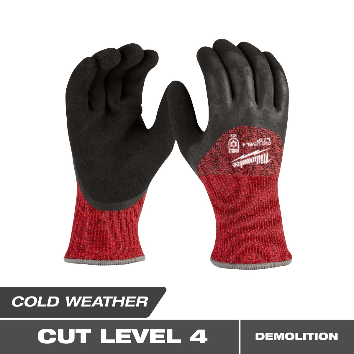 Milwaukee 48-73-7943 Cut Level 4 Winter Dipped Gloves pair showing sandy latex palm coating for cold-weather grip and water resistance